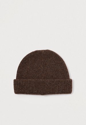Brown knitted beanie made of soft material, featuring a ribbed texture and a folded cuff for added warmth and style.