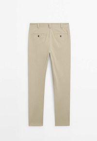 Pantaloni beige con una texture liscia, design slim fit, due tasche posteriori con bottoni neri e taglio dritto.