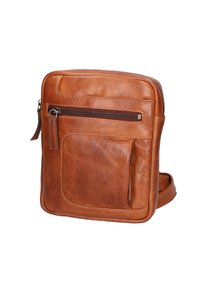 Borsa a tracolla in pelle marrone con una superficie liscia, dotata di una tasca frontale con zip e una tasca laterale. Forma quadrata compatta, tracolla regolabile.