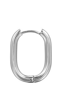 Gancio metallico con finitura argentata lucida, design a forma di U, curve morbide e connettore centrale. Nessun dettaglio hardware visibile.