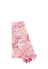 Sciarpa floreale rosa con intricati motivi di foglie e dettagli frangiati, realizzata in un tessuto leggero, con sfumature di rosa, arancione e viola.