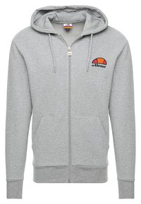Felpa grigia con zip, realizzata in morbido cotone, dotata di tasca a marsupio frontale, cappuccio regolabile e un logo arancione e nero sul petto.