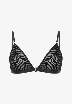 Zwarte driehoekige beha vervaardigd uit doorzichtig stof met een zebra-streep patroon. Voorzien van verstelbare bandjes en een haak- en oogsluiting.