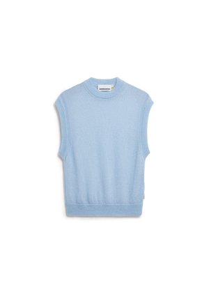 Pull sans manches tricoté bleu clair avec un col rond. Présente une texture fine et un ourlet côtelé, offrant une silhouette décontractée et relaxée.