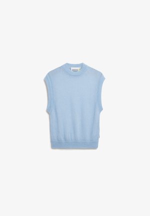 Pull sans manches tricoté bleu clair avec un col rond. Présente une texture fine et un ourlet côtelé, offrant une silhouette décontractée et relaxée.