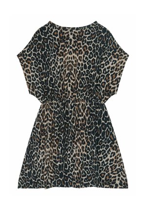 Sukienka z krótkim rękawem i elastyczną talią, z czarno-brązowo-beżowym wzorem w panterkę na jasnym tle.