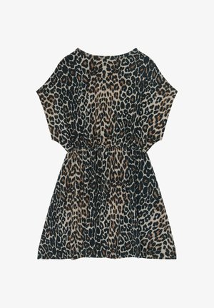 Šaty s krátkym rukávom a elastickým pásom, s leopardím vzorom v čiernej, hnedej a béžovej farbe na svetlom pozadí.