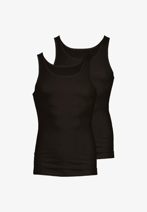 Two black tank tops, made of smooth fabric, featuring wide shoulder straps and a fitted design with a rounded neckline.