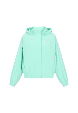 Mint green lightweight jacket featuring a hood, elastic cuffs, and a drawstring hem; designed with a front zipper and minimalistic branding.