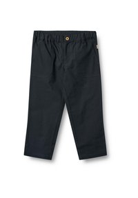 Pantalons en coton noir avec une coupe décontractée, dotés d'une taille élastique, d'un bouton en bois et de deux poches arrière. Design simple et texture lisse.