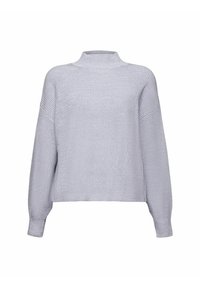 Lichtgrijze gebreide trui met een hoge halslijn, verlaagde schouders en brede mouwen, voorzien van een gestructureerd patroon over het geheel.