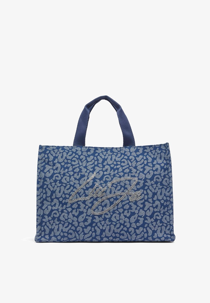 Zils auduma tote soma ar leoparda rakstu, teksturētu materiālu, diviem rokturiem un sudraba krāsas izšuvumu ar firmas detaļu.