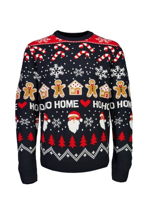 Maglione lavorato a maglia blu navy con motivi natalizi: bastoncini di zucchero rossi, omini di pan di zenzero, fiocchi di neve, Babbo Natale e case. Polsini e orlo a coste.