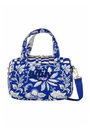 Sac à main à motif floral bleu et blanc avec deux poignées, une bandoulière amovible et une fermeture éclair.