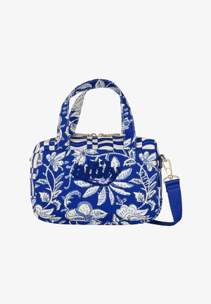 Borsa a mano con fantasia floreale blu e bianca, due manici, tracolla staccabile e chiusura con cerniera.