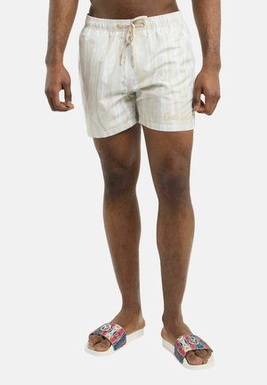 Mann trägt hellfarbige gemusterte Badeshorts und bunte offene Zehensandalen und steht vor weißem Hintergrund.