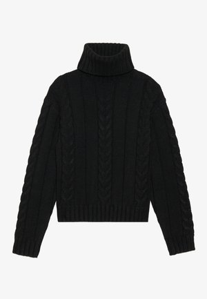 Črna pletena pulover s turtleneck ovratnikom, ribanim robom in vzorcem kabelskega pletenja, ki ima dolge rokave in strukturirano ovratnico.