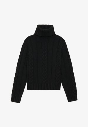Črna pletena pulover s turtleneck ovratnikom, ribanim robom in vzorcem kabelskega pletenja, ki ima dolge rokave in strukturirano ovratnico.