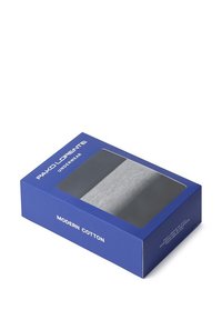 Pakowane bielizna w niebieskim pudełku z przezroczym plastikowym wieczkiem, w którym widać szare bawełniane produkty. Pudełko oznaczone napisem "MODERN COTTON" z nazwą marki.