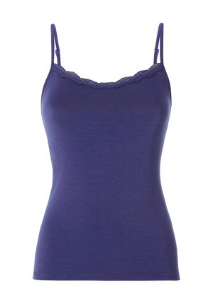 Camisole viola con sottili spalline regolabili e rifinitura in pizzo lungo lo scollo, stile aderente.