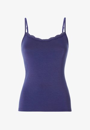 Camisole viola con sottili spalline regolabili e rifinitura in pizzo lungo lo scollo, stile aderente.
