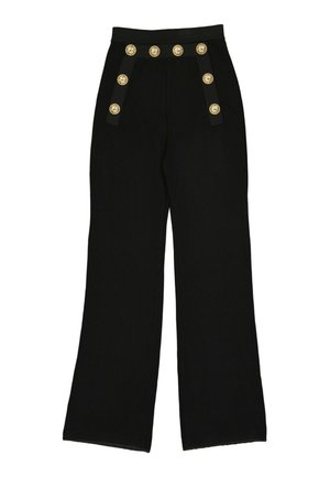 Pantalon noir taille haute à jambes larges avec deux rangées verticales de quatre boutons décoratifs dorés chacune près de la taille.