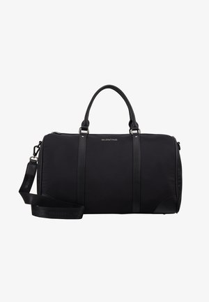 Sort Valentino duffel bag med dobbelte håndtag og en justerbar skulderrem, prydet med subtilt brandlogo fortil i midten.