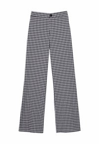 Pantalones de pata ancha de cuadros vichy en blanco y negro con cierre de botón, que presentan una textura suave y un ajuste entallado a lo largo de la pierna.