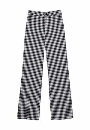 Pantalons à carreaux vichy noir et blanc à jambes larges avec une fermeture à bouton, présentant une texture lisse et une coupe ajustée sur toute la longueur.