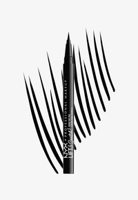 Sort NYX professional makeup Lift & Snatch øjenbrynsfarve pen med tegnede dristige sorte buede linjer på hvid baggrund.
