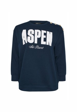 Granatowa bluza z białym napisem "ASPEN" oraz skryptem "Ski Resort". Ma złote guziki na ramieniu oraz długie rękawy.