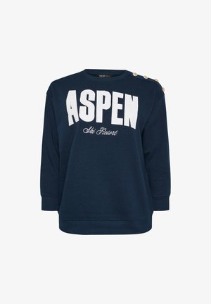 Navyblauwe sweatshirt met witte tekst "ASPEN" en "Ski Resort" in schriftstijl. Beschikt over goudkleurige knopenaccenten op de schouders en lange mouwen.