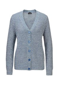 Blauwe gebreide cardigan met een V-hals, lange mouwen en zeven blauwe knopen aan de voorkant. Gelaagd stof met een subtiel patroon.