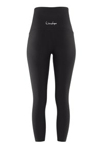 Magas derekú fekete leggings, rugalmas anyagból, sima, matt felülettel, és egy kis fehér logóval a derékpántján.
