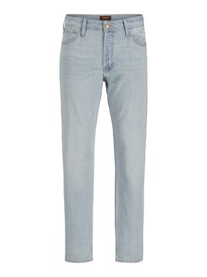 Lyseblå denimjeans med rett snitt, fem lommer, knappelukking og litt falmet tekstur.