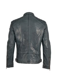 Giacca da motociclista in pelle blu scuro con dettagli trapuntati sulle spalle, cuciture prominenti, cerniere laterali e un design aderente.