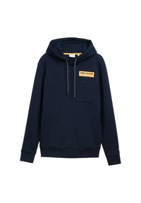 Hoodie bleu marine avec une poche avant, un patch sur la poitrine portant l'inscription "TOM TAILOR", un capuche à cordon de serrage et des poignets côtelés. Texture de tissu lisse.