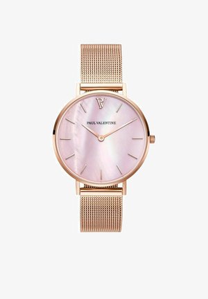 Round watch with a rose gold mesh strap, featuring a pink mother-of-pearl dial, minimalistic hour markers, and a logo at the top.