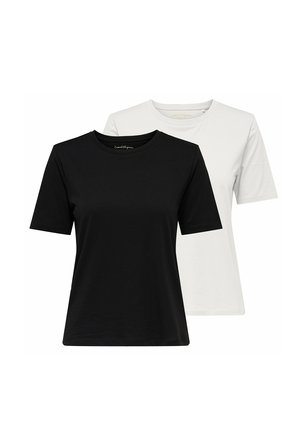Deux t-shirts unis à manches courtes avec col rond, un noir à l'avant et un blanc partiellement visible derrière.