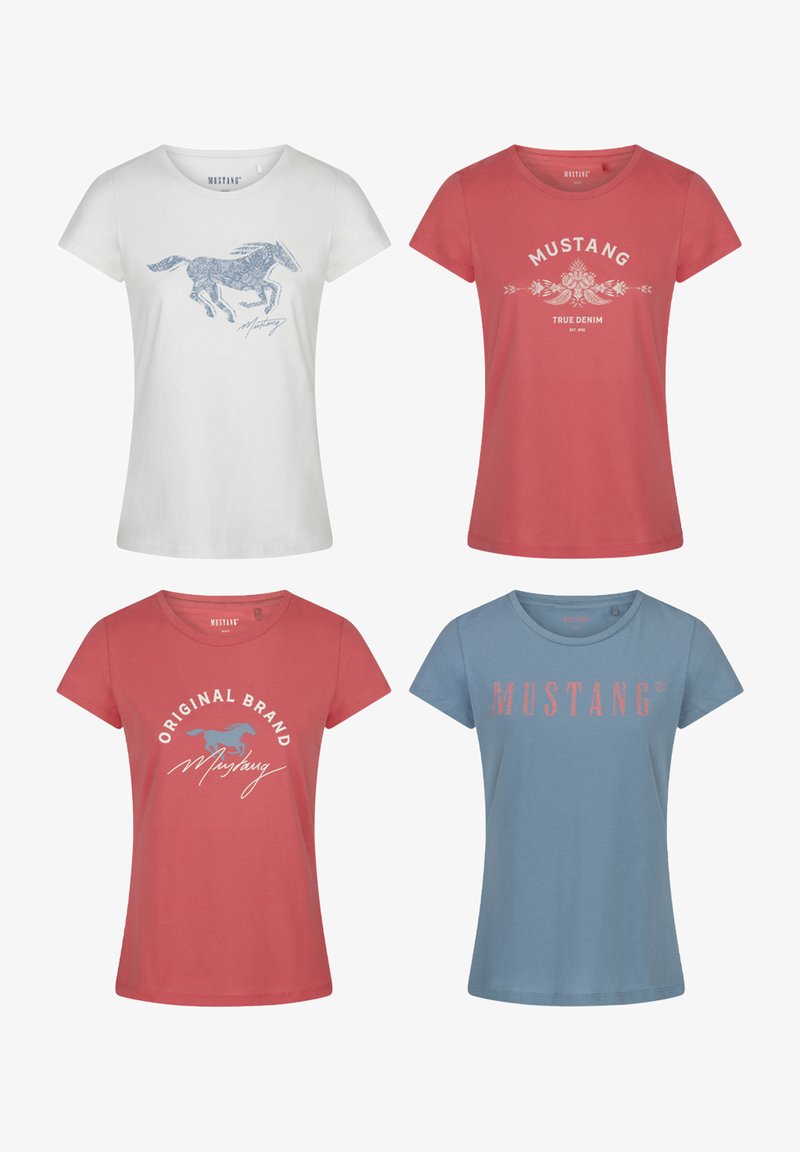 Vier korte mouwen graphic t-shirts in het wit, koraal en blauw. Kenmerken zijn onder andere geprinte ontwerpen en logo's op katoen stof.