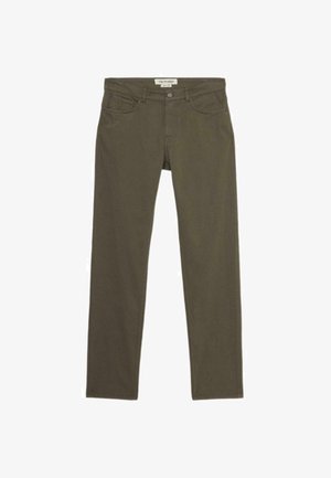 Oliwkowe spodnie, wykonane z bawełny, z prostym krojem nogawek, przednimi kieszeniami i zapięciem na guzik. Wzmocnione detale szwów.