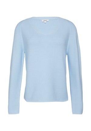 Lichtblauwe, geribbelde trui met een V-hals, lange mouwen en een relaxed fit. Gemaakt van gebreid materiaal met een gladde textuur.
