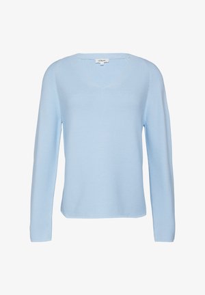 Pull en maille bleu clair, côtelé, avec un col en V, des manches longues et une coupe décontractée. Fabriqué en matériau tricoté avec une texture lisse.