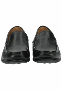 Black leather slip-on shoes with a textured surface, rounded toe, and a flat rubber sole. Interior lined with soft material for comfort.