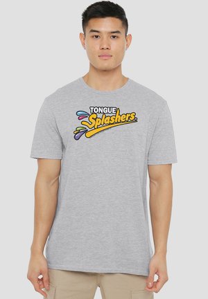 Gray cotton t-shirt featuring a colorful "TONGUE Splashers" graphic design on the front, with short sleeves and a round neck.