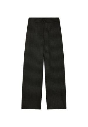 Pantaloni a gamba larga a righe nere con una texture liscia, dotati di chiusura a bottone e una cintura su misura per un fit strutturato.