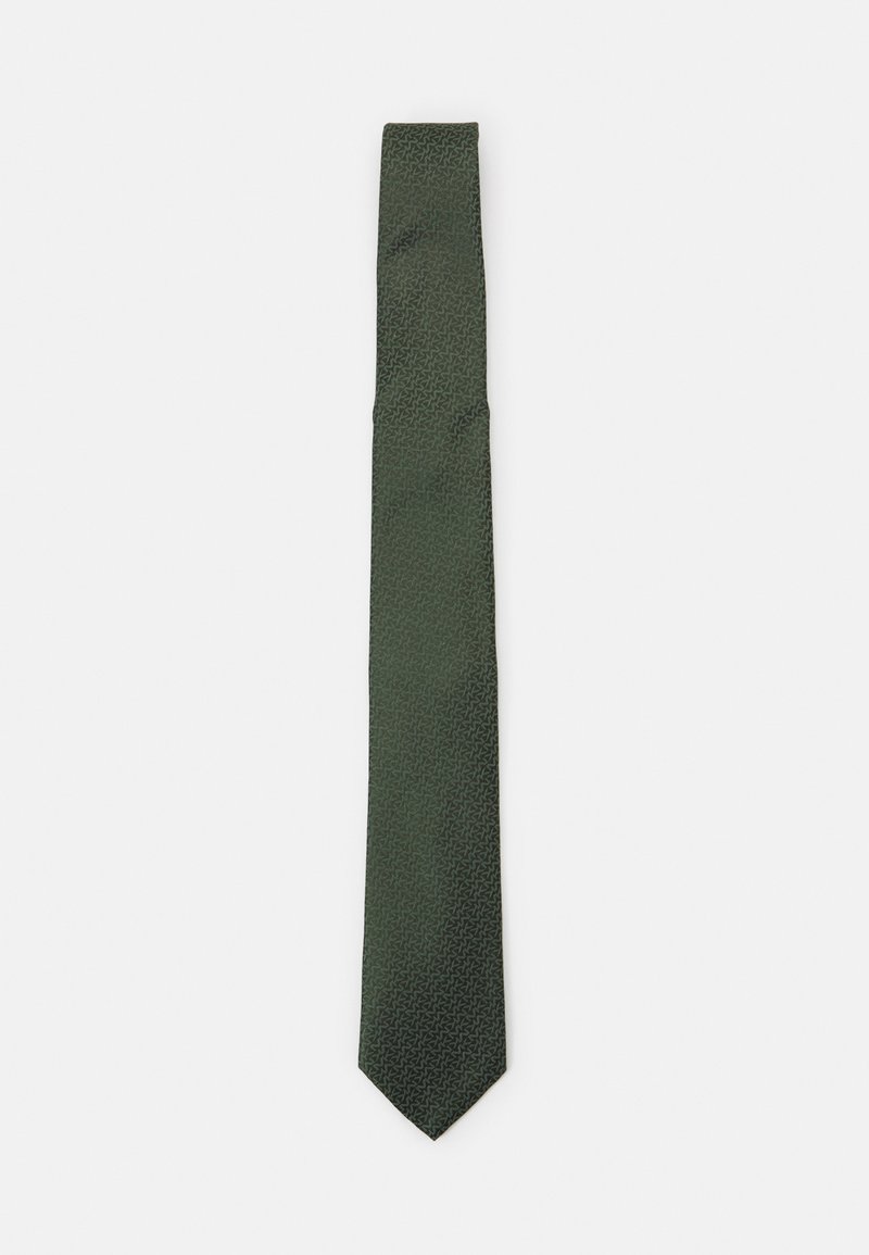 Cravate vert foncé avec un motif géométrique subtil, fabriquée en tissu lisse, dotée d'une pointe et d'un design slim.