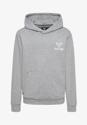 Grijze hoodie gemaakt van zachte stof, voorzien van een kangoeroezak, geribde mouwen en een klein geborduurd logo op de borst.
