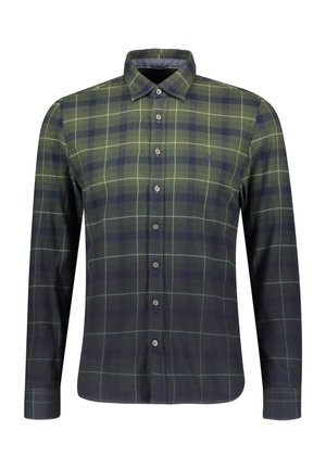 Chemise boutonnée à manches longues avec motif à carreaux verts et bleu marine et col pointu.