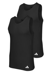 Schwarze Sport-Tanktops aus leichtem Material, mit Rundhalsausschnitt, ärmellosem Design und weißen Logo-Akzenten am Saum.